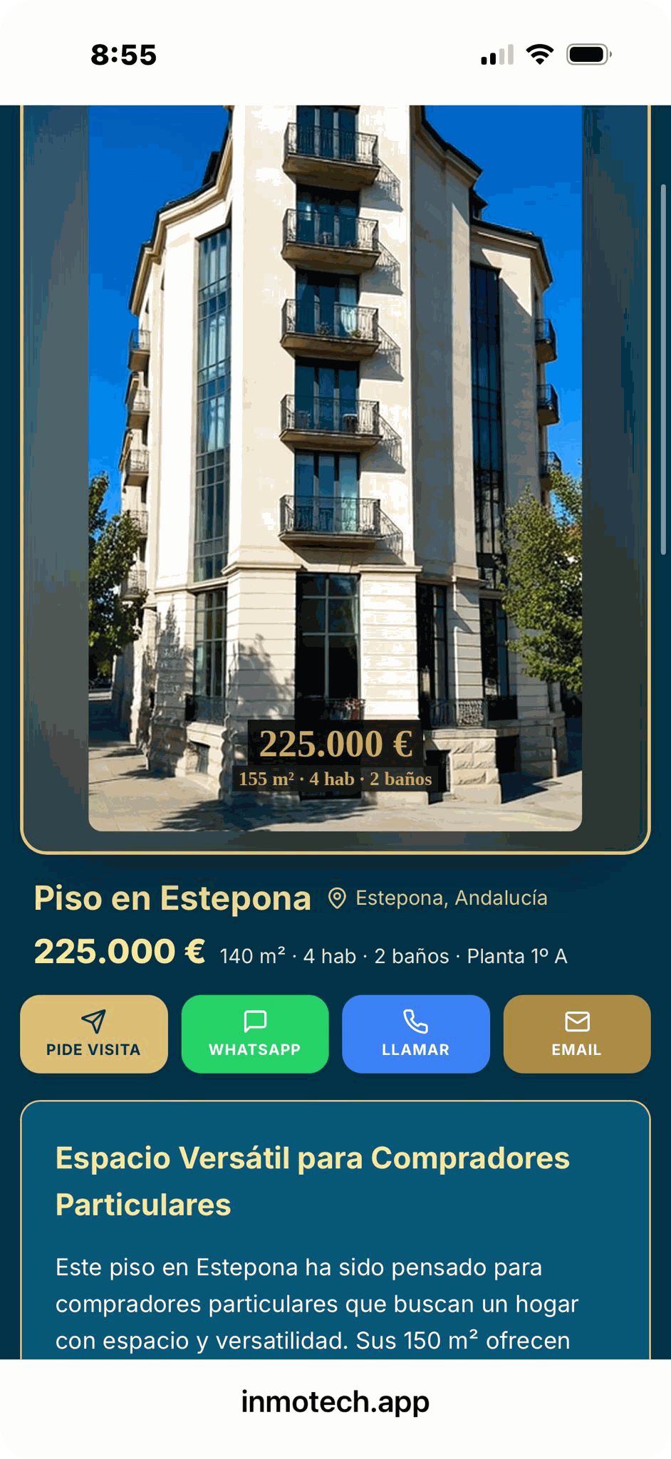 Web profesional del piso de Estepona generada en 2 minutos con INMOTECH